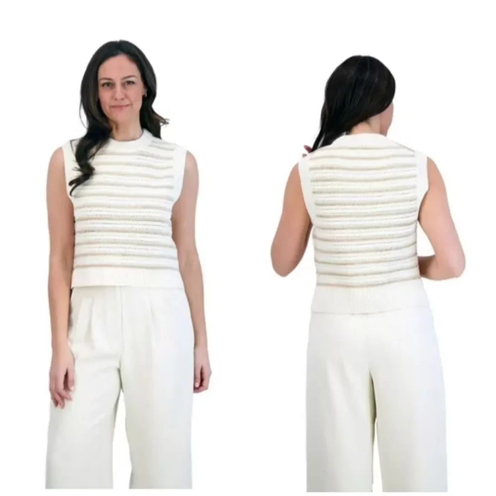 French Connection Large Cotton Knitted Swear Vest Top Blouse White Tan